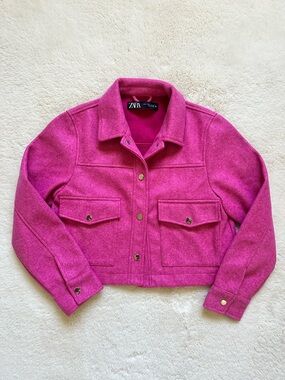 ZARA Pink Button Collared Jacket Pockets Women's S Cropped